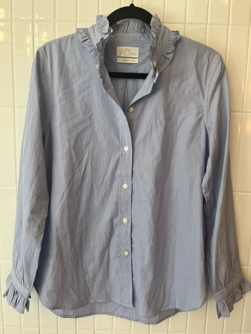 J.Crew Ruffle Neck Popover Shirt Blue White Pinstripe Cotton Classic Sz 10